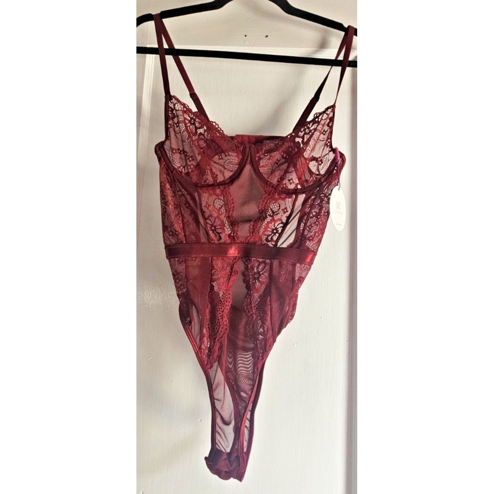 NWT AVIDLOVE burgundy lace mesh underwire bodysuit M